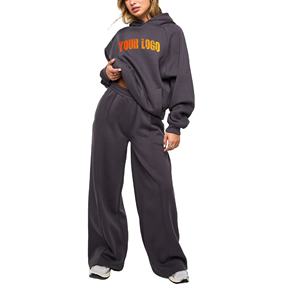 Conjunto de chándal de forro polar de 2 piezas para mujer al por mayor, top corto con capucha y bolsillo, ajuste holgado, para todas las estaciones, ropa casual, color liso con letras - Product Image 1