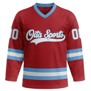 Men <b>Red</b> Blue Sublimated Ice Hockey V Neck Striped Jersey Shorts Set Polyester Sports Uniform Match Training Performance Clothing - Product Image 3