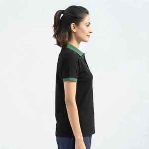 <b>Women's</b> Black <b>Polo</b> Shirt With Green Collar And Cuffs Embroidered Hawk Eye Logo Casual Short Sleeve Pique Cotton <b>Top</b> - Product Image 4