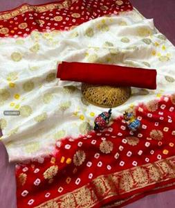 <b>Red</b> Banarasi Bandhej <b>Saree</b> Floral Solid Long Traditional <b>Saree</b> for Women Party Wear - Product Image 4