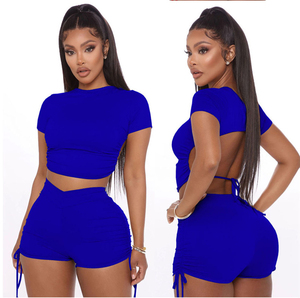 Custom Logo Women's Summer Eco-Friendly Nylon 2-Piece Casual Sport <b>Set</b> with Skinny Fit Short Sleeve Top & Above Knee Shorts - Product Image 4