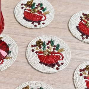 Handmade Beaded Coaster Set Of 6 Red White Christmas Design Reusable <b>Bar</b> <b>Mats</b> Classic Style Home Drinkware Accessories - Product Image 1