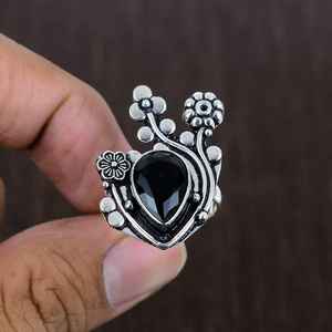 Faceted Onyx Flower Ring 925 Sterling Silver Boho Band Handmade Gemstone Jewelry Statement <b>Gift</b> - Product Image 1