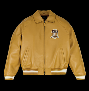 Avirex <b>Men's</b> Tan Cow <b>Leather</b> Waterproof <b>Bomber</b> Jacket Zipper Front Patch Design Crew Neck Regular Fit Winter Wear High Street - Product Image 1