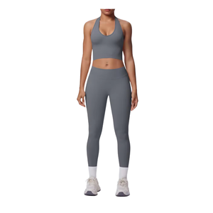 Nylon/Spandex Sweat-Wicking Breathable <b>Halter</b> Strap 2-Piece Solid Deep V Neck Women's Outdoor Yoga Workout Set High Waist - Product Image 5