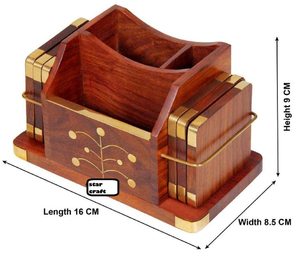 Organizador de Escritorio de Madera con Detalles en Latón y Diseño con Incrustaciones Florales - Product Image 3