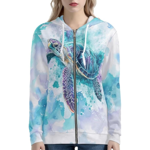 Sudadera con Capucha para Mujer con Estampado de Tortuga Marina Turquesa, Sublimada, Transpirable, de Poliéster y Spandex, con Cierre Completo, Casual, de Manga Larga - Product Image 1