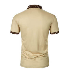 Polo à manches courtes beige pour homme avec col et poignets à motifs marron, tissu Oxford en coton respirant décontracté - Product Image 2