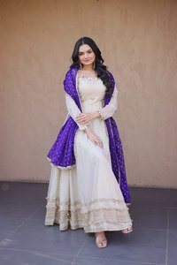 Designer Cosmos Gown with Real Mirror Work & Dupatta Wrinkle-Free Reversible <b>Ankle</b>-Length Party Wedding Dress - Product Image 2