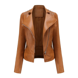 Women's Red PU Leather Moto Jacket Full Sleeve Stand Collar Zipper Closure Solid Color Biker Style Autumn Wear - Product Image 4
