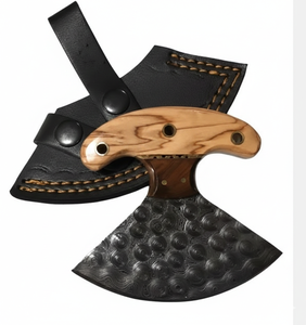 Handcrafted Ulu <b>Knife</b> with Raindrop Damascus Steel Blade Wood <b>Handle</b> Skinning Skinner with Leather Sheath MOQ 5 Pcs - Product Image 1