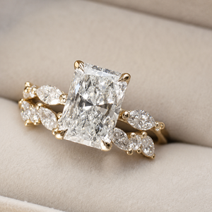 925 <b>Silver</b> Moissanite Radiant Cut Wedding <b>Ring</b> <b>Set</b> With Unique Wedding Band in Yellow Gold Plated Diamond <b>Ring</b> for Sale. - Product Image 5