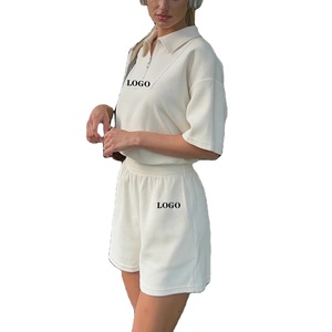 Custom 2024 ผู้หญิงสไตล์ใหม่วาฟเฟิลผ้า 2 ชิ้นกางเกงขาสั้นชุดZip Upเปิดลงปกเสื้อยืดและ 2pcชุดสั้นสําหรับสตรี - Product Image 1