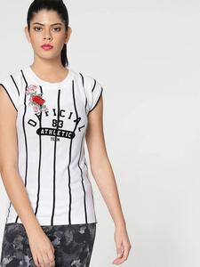 เสื้อกล้ามกีฬาผู้หญิงสีขาวลายทาง ปักลายดอกกุหลาบ คอกลม สไตล์สปอร์ต - Product Image 1