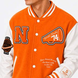 Veste universitaire d'hiver orange unisexe style preppy, col rabattu, logo N brodé, patch frontal, simple boutonnage, en polaire - Product Image 4