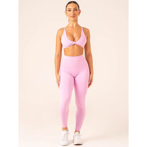 Leggings de sport rose personnalisés en gros, avec taille haute sculptée et effet froncé croisé, pour femmes - Product Image 4