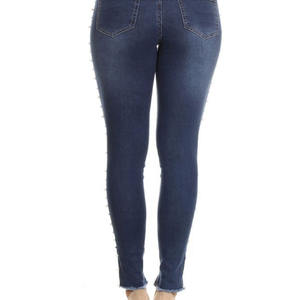 Jeans Ajustados de Alta Elasticidad para Mujer, Lavado Oscuro, con Cuentas de Perlas Laterales, Dobladillo Desgastado a la Moda, Jeans de Primera Calidad para Mujer - Product Image 5