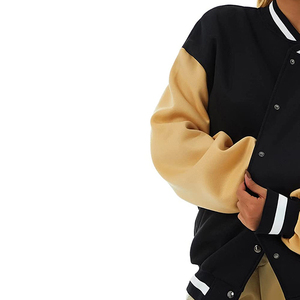 Veste universitaire de haute qualité pour femmes, broderie, doublure en coton, noir beige, couleur contrastée, manches longues, col boutonné - Product Image 5
