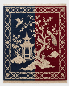 Tapis en laine rectangulaire à motif mosaïque en blocs, motif grue orientale rouge marine, bordure florale décorative, antidérapant, écologique - Product Image 2