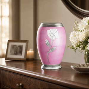 Handcrafted Pink Floral Cremation Urn for Human Ashes - Elegant Metal <b>Memorial</b> Funeral <b>Keepsake</b> with Silver Rose Engraving - Product Image 3