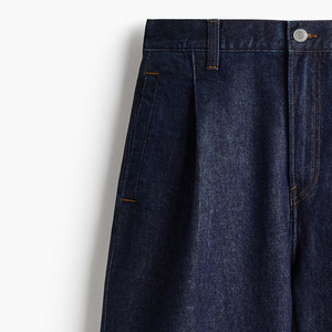 Shorts en jean bleu foncé pour homme, taille haute, coupe droite, style décontracté d'été, 100 % coton tissé, poches surpiquées - Product Image 6