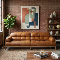 Sofá de Cuero Marrón Minimalista Moderno de 3 Plazas con Estructura de Madera Sólida, Muebles Ecológicos de Lujo para Sala de Estar, Uso en Talleres y Parques