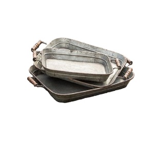 Farmhouse Galvanized Iron Decorative Serving Trays With Wood Handles For <b>Coffee</b> <b>Table</b> Or Home Display Decor <b>Oval</b> Trays - Product Image 2