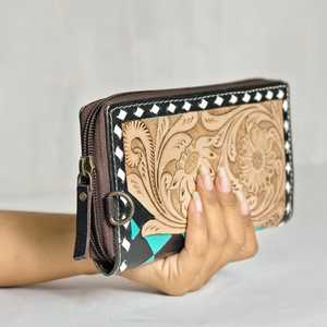 Cartera de Mano de Cuero Genuino a Cuadros de Primera Calidad, Diseño Floral, con Cierre, Anti-Robo, Múltiples Ranuras para Tarjetas, para Mujer - Product Image 2