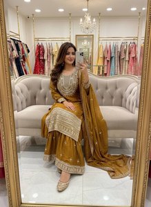 Fendy Silk Sharara Fully Stitched Sharara Set With Sequence Embroidered & Real Mirror Hand Work <b>Kurti</b> With Sharara And Dupatta - Product Image 1