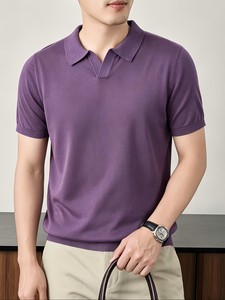 Camiseta de punto morada para hombre con logo frontal, estilo casual elegante, manga corta, color liso, de secado rápido, transpirable, servicio OEM, top de verano - Product Image 3