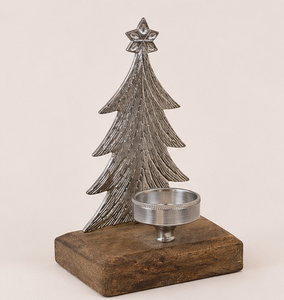 Handcrafted Nickel-Plated Aluminum Christmas <b>Tree</b> Tealight Holder Rustic Mango Wood Base Festive <b>Tabletop</b> Centerpiece For Home - Product Image 4