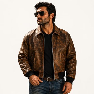 90s Vintage Distressed Grunge <b>Leather</b> Bomber <b>Jacket</b> for <b>Men</b> <b>Brown</b> <b>Leather</b> <b>Jacket</b> Streetwear Coat - Product Image 2
