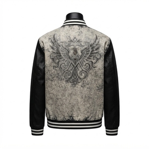 Blouson universitaire vintage abordable pour homme, délavé à l'acide, avec manches en cuir personnalisées, motif oiseau en strass, style bomber Letterman, streetwear - Product Image 2