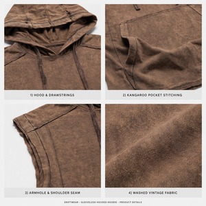 Wholesale Custom Men's Washed Vintage <b>Sleeveless</b> Hooded Tank Top Brown Oversized <b>Hoodie</b> Vest Streetwear Gym 100% Cotton - Product Image 3