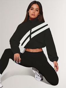 Conjunto Deportivo a Rayas con Corte y Costura para Mujer |   Conjunto Deportivo de Chaqueta de Cuello Alto y Leggings de Cintura Alta - Product Image 1
