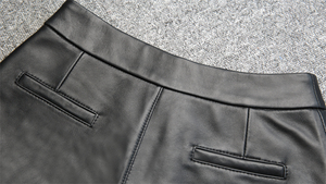 High Waist Woven Leather Shorts Unisex Moto Biker Style Button Fly Black Geometric Pattern Short Shorts - Product Image 3
