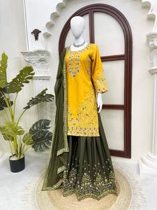 Ensemble Salwar Kameez en Georgette Brodé Bicolore avec Dupatta pour Mariage et Fêtes - Tenue Femme - Product Image 4