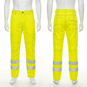 Men Womens Safety <b>Work</b> <b>Pant</b> 240 GSM Corduroy Acid Wash Neon Yellow Reflective Leg Panels Custom Logo Print Embroidery - Product Image 5