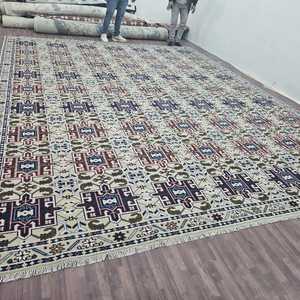 Tapis en laine noué à la main, tapis à motifs géométriques tribaux, tapis traditionnel crème bleu marron, décoration pour salon, chambre à coucher, maison - Product Image 1