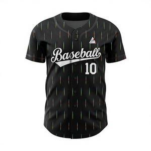 Maillot de baseball noir à rayures abstraites 2025 avec accents multicolores, design boutonné, nom et numéro personnalisables, style professionnel pour équipe - Product Image 6