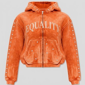 Sweat à capuche tendance personnalisé délavé à l'acide avec fermeture éclair intégrale, orné de strass en cristal sur les manches, imprimé graphique égalité, style streetwear - Product Image 4