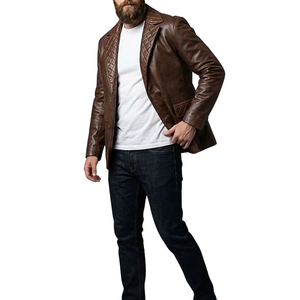 <b>Men's</b> Brown Genuine Leather Blazer Single <b>Breasted</b> Slim Fit Jacket with Quilted Lapels Casual <b>Coat</b> - Product Image 3