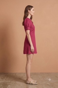Vestido corto de lino para mujer, color burdeos, cuello redondo, manga corta abullonada, cintura ajustada, línea A, color liso, informal, para verano. - Product Image 2