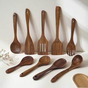 Ensemble de cuillères de cuisine en bois naturel massif avec spatule, louche et cuillère de service pour la cuisine et la pâtisserie - Product Image 2