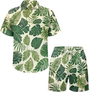 Ensemble de vêtements décontractés pour couples, sur mesure, fabriqués en usine OEM, pour les vacances d'été, imprimé feuilles de palmier vertes, chemise hawaïenne à boutons pour homme, ensemble pour femme - Product Image 2