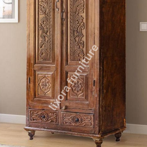 Armoire de luxe en bois massif artisanal à 2 portes, avec sculptures de feuilles ornées et incrustations de carreaux, finition chêne - Product Image 5