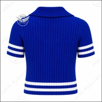 Pull-over en acrylique tricoté plat pour femme Zeta, style preppy vintage, col en V, manches courtes, logo frontal, écologique