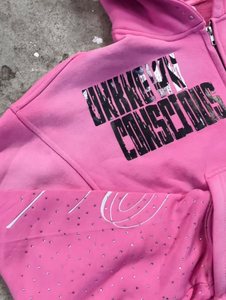 Custom Logo Pink Tracksuit Vintage Sun Faded Rhinestone Zip up Hoodie and Wide Leg Applique Patchwork <b>Sweatpants</b> <b>Set</b> - Product Image 2
