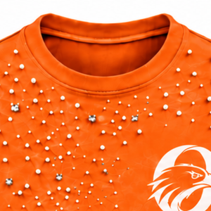 Unisex <b>Bright</b> Orange Pearl Studded <b>T</b> <b>Shirt</b> Stylish Crew Neck Short Sleeve Pearl Embellished Tee for Streetwear and Party Fashion - Product Image 3