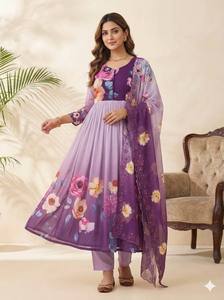Traje Anarkali de Georgette Floral para Mujer, Atuendo Étnico Indio, Kurta de Tela Pesada Estampada, Palazzo, Dupatta, para Fiesta o Boda - Product Image 3